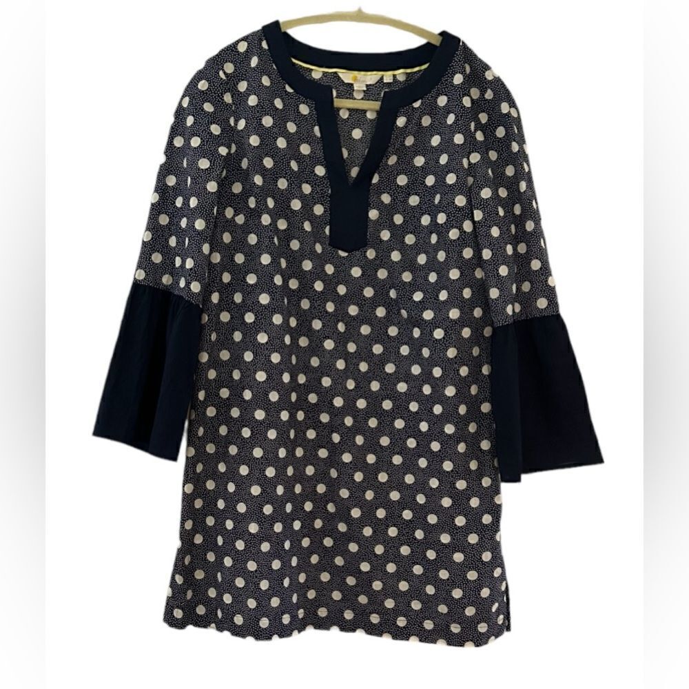 Boden Jodie Kaftan Tunic Dress Blue Polka Dot Bell Sleeve Cotton Size 6